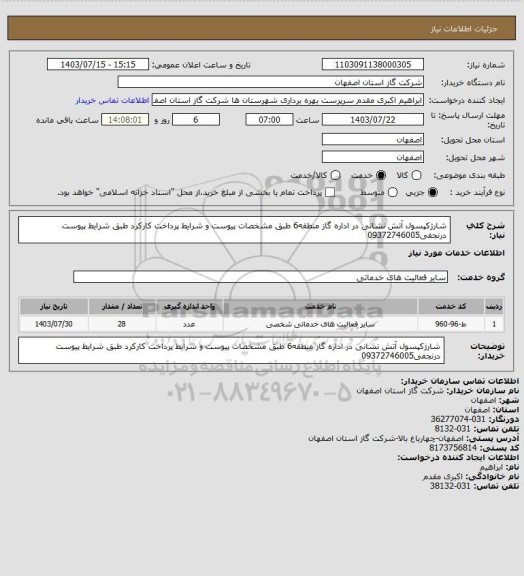 استعلام شارژکپسول آتش نشانی در اداره گاز منطقه6 طبق مشخصات پیوست و شرایط پرداخت کارکرد طبق شرایط پیوست درنجفی09372746005
