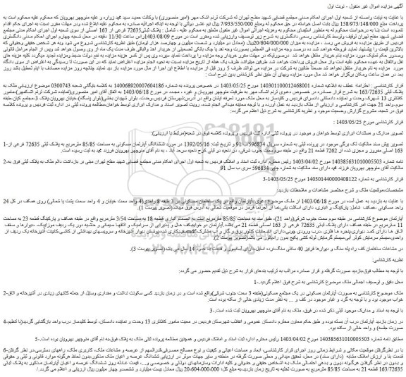 مزایده فروش  ششدانگ آپارتمان مسکونی به مساحت 85/85 مترمربع به پلاک ثبتی 72635 فرعی از 163 اصلی مفروز و مجزی شده از 7262 قطعه 21 