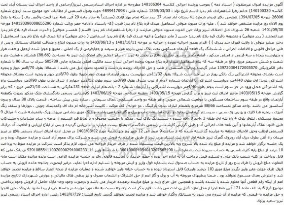 مزایده ششدانگ یک قطعه آپارتمان مسکونی تحت پلاک ثبتی پانزده هزار و سیصد و چهارفرعی از یک اصلی 