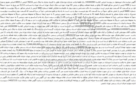مزایده یک قطعه واحد تجاری نوع ملک طلق با کاربری تجاری به پلاک ثبتی 76216 فرعی از 6933 اصلی مفروز و مجزا شده