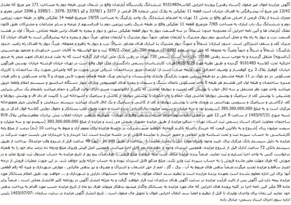 مزایده ششدانگ یکدستگاه آپارتمان واقع در شمال غربی طبقه دوم به مساحت 171 متر مربع