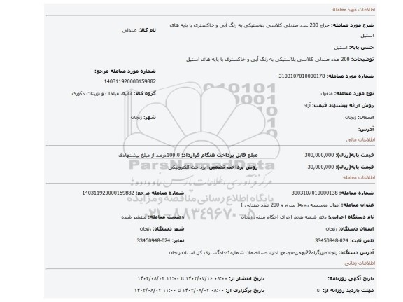 مزایده، 200 عدد صندلی کلاسی پلاستیکی به رنگ آبی و خاکستری با پایه های استیل