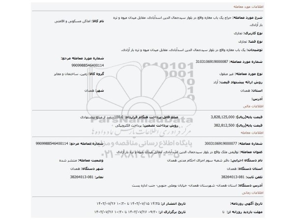 مزایده، یک باب مغازه واقع در بلوار سیدجمال الدین اسدآبادی، مقابل میدان میوه و تره بار آزادی.