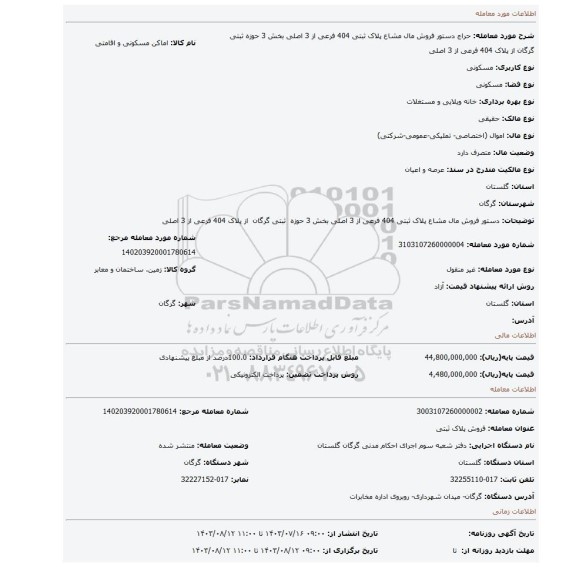 مزایده، دستور فروش مال مشاع پلاک ثبتی 404 فرعی از 3 اصلی بخش 3 حوزه ثبتی گرگان از پلاک 404 فرعی از 3 اصلی