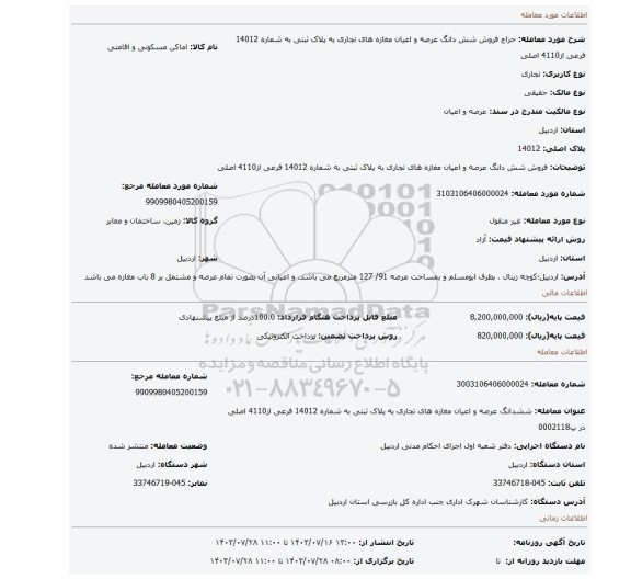 مزایده، فروش شش دانگ عرصه و اعیان مغازه های تجاری به پلاک ثبتی به شماره 14012 فرعی از4110 اصلی