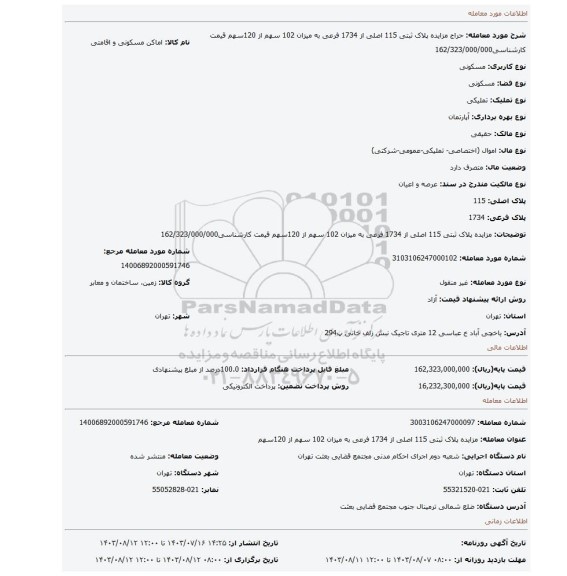 مزایده، مزایده پلاک ثبتی 115 اصلی از 1734 فرعی به میزان 102 سهم از 120سهم قیمت کارشناسی162/323/000/000