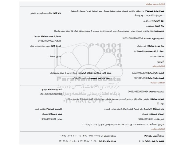 مزایده، ملک واقع در شهرک مدنی مجتمع مسکن مهر اندیشه کوچه سپیدار 5 مجتمع سالار بلوک 62 طبقه سوم واحد8