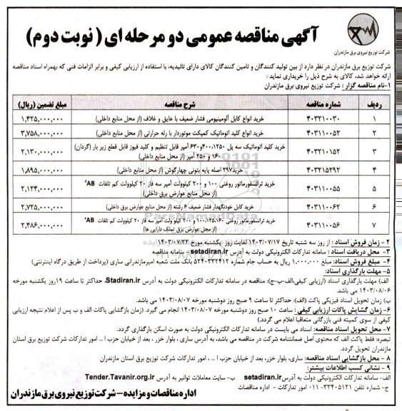 مناقصه خرید انواع کابل آلومینیومی فشار ضعیف با عایق و غلاف....- نوبت دوم 