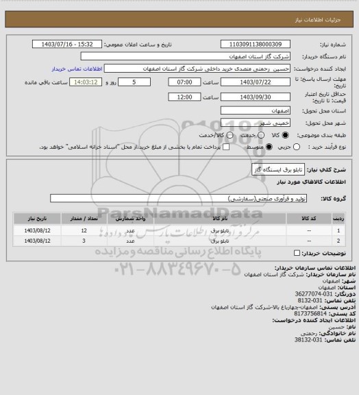 استعلام تابلو برق ایستگاه گاز
