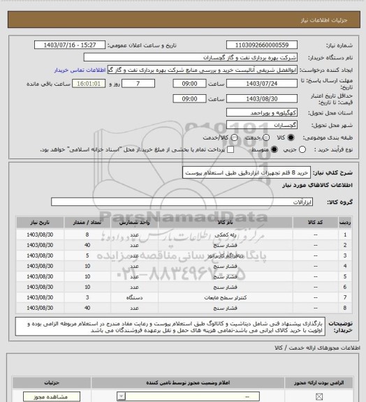 استعلام خرید 8 قلم تجهیزات ابزاردقیق طبق استعلام پیوست