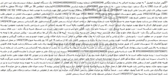 مزایده سواری سیستم پراید تیپ جی تی ایکس آی مدل 1382 به رنگ سفید 