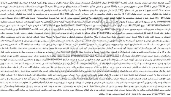 مزایده شش دانگ عرصه و اعیان باستثنا بهای ثمنیه عرصه و اعیان یک قطعه زمین به پلاک ثبتی 79154 فرعی از 2398 اصلی 