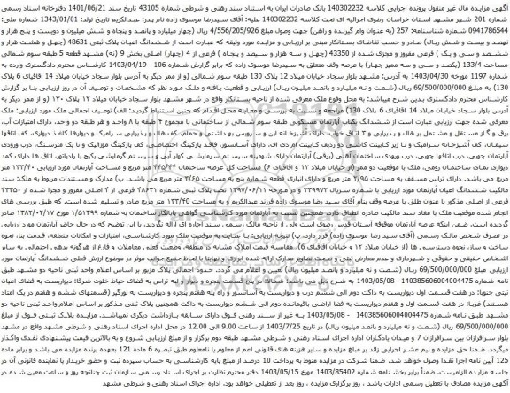مزایده ششدانگ اعیان پلاک ثبتی 48631 (چهل و هشت هزار و ششصد و سی و یک