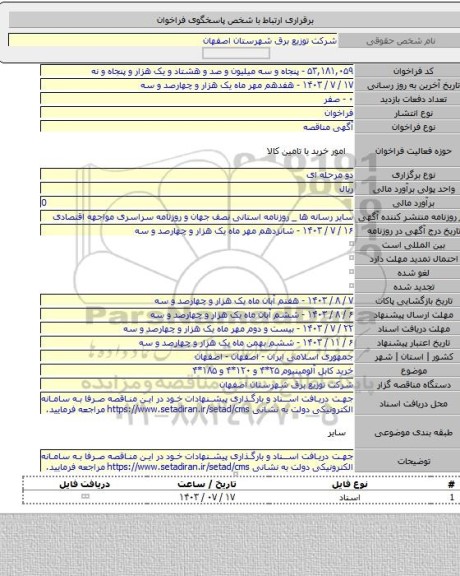 مناقصه, خرید کابل آلومینیوم ۲۵*۴ و ۱۲۰*۴ و ۱۸۵*۴