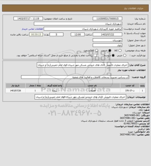 استعلام اجرای عملیات لایروبی کانال های خروجی مسکن مهر شیبان-کوی امام خمینی(ره) و شیبان