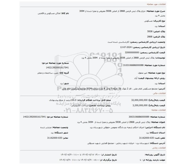 مزایده، پلاک ثبتی فرعی 2868 از اصلی 5938 مفروض و مجزا شده از 3094 بخش 4 یزد
