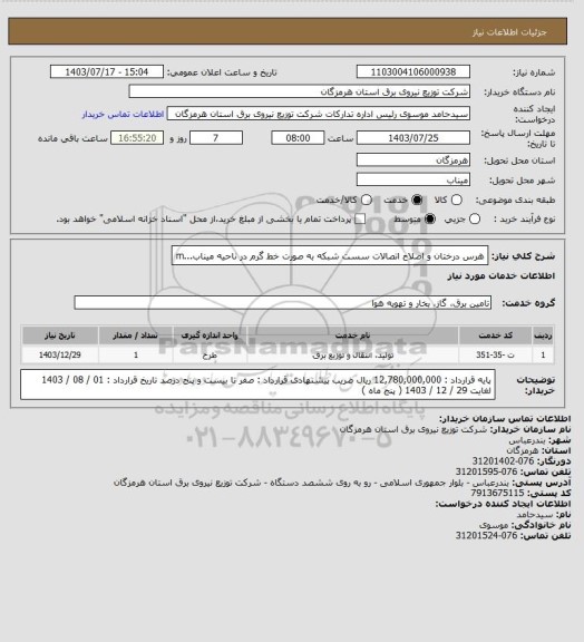 استعلام  هرس درختان و اصلاح اتصالات سست شبکه به صورت خط گرم در ناحیه میناب...m
