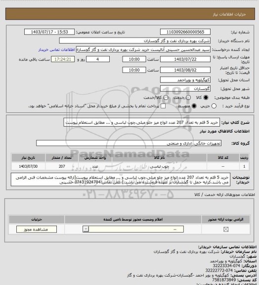 استعلام خرید 5 قلم به تعداد 207 عدد انواع میز جلو مبلی،چوب لباسی و ... مطابق استعلام پیوست