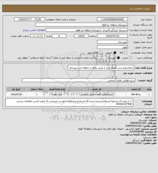 استعلام اصلاح هندسی تقاطع اروند و توحید واقع در منطقه دو شهرداری