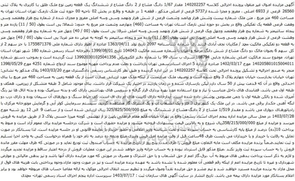 مزایده ششدانگ یک قطعه زمین نوع ملک طلق با کاربری به پلاک ثبتی 26560 فرعی از 6933 اصلی 