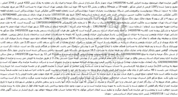 مزایده چهار دانگ مشاع از شش دانگ عرصه و اعیان یک باب مغازه به پلاک ثبتی 4332 فرعی از 3745 اصلی 