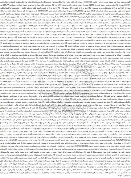 مزایده 3 دانگ مشاع از ششدانگ یک دستگاه آپارتمان نوع ملک طلق با کاربری به پلاک ثبتی 33051 فرعی از 72 اصلی 