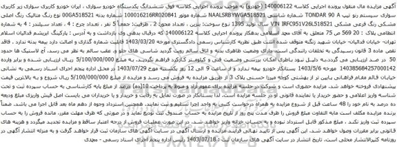 مزایده سواری سیستم رنو تیپ TONDAR 90 A 