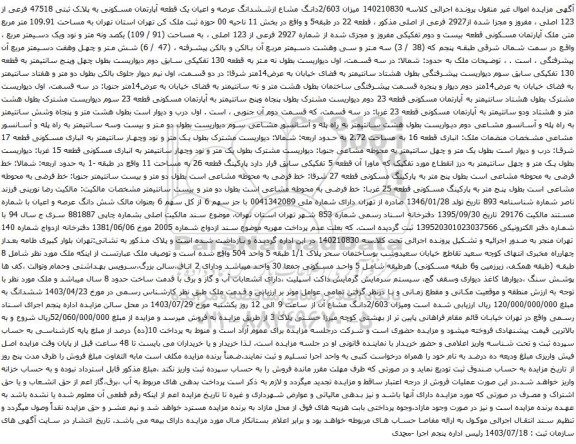 مزایده ششدانگ عرصه و اعیان یک قطعه آپارتمان مسکونی به پلاک ثبتی 47518 فرعی از 123 اصلی 