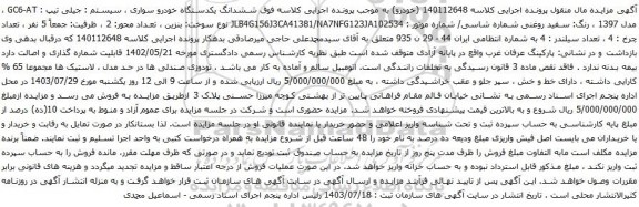 مزایده یکدستگاه خودرو سواری ، سیستم : جیلی تیپ : GC6-AT ، مدل 1397 ، رنگ: سفید روغنی 