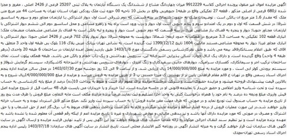 مزایده ششدانگ یک دستگاه آپارتمان به پلاک ثبتی 25207 فرعی از 2426 اصلی ، مفروز و مجزا شده از680 فرعی از اصلی 