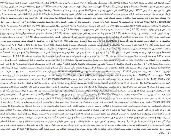 مزایده ششدانگ یکدستگاه آپارتمان مسکونی به پلاک ثبتی 99326 فرعی از 6933 اصلی ، مفروز و مجزا شده از94489 فرعی از اصلی 