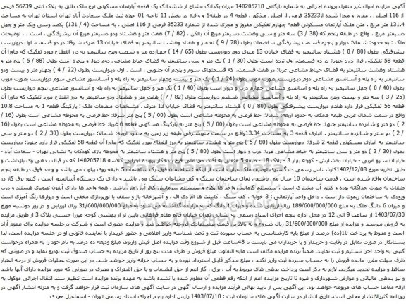 مزایده ششدانگ یک قطعه آپارتمان مسکونی نوع ملک طلق به پلاک ثبتی 56739 فرعی از 116 اصلی 
