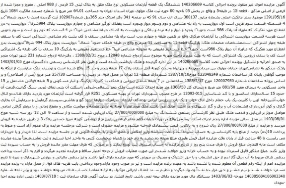 مزایده ششدانگ یک قطعه آپارتمان مسکونی نوع ملک طلق به پلاک ثبتی 15 فرعی از 988 اصلی 