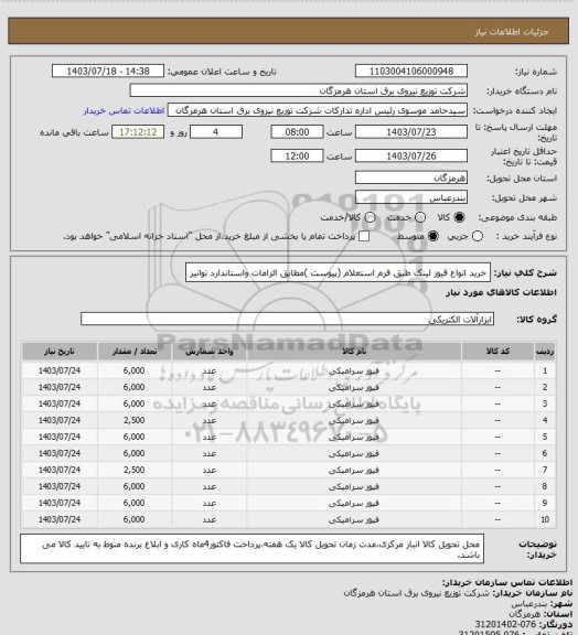 استعلام خرید انواع فیوز لینک طبق فرم استعلام (پیوست )مطابق الزامات واستاندارد توانیر