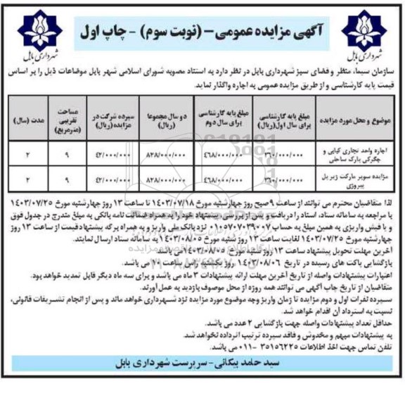 مزایده اجاره واحد تجاری کبابی و جگرکی و سوپر مارکت- نوبت سوم