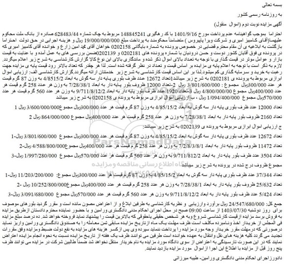 مزایده تعداد 12000 عدد ظرف بلوری پایه دار سه گوش و ... 