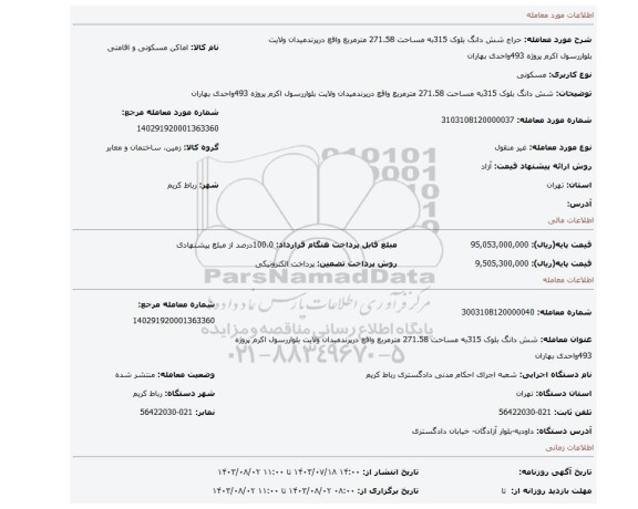 مزایده، شش دانگ بلوک 315به مساحت 271.58 مترمربع واقع درپرندمیدان ولایت بلواررسول اکرم پروژه 493واحدی بهاران