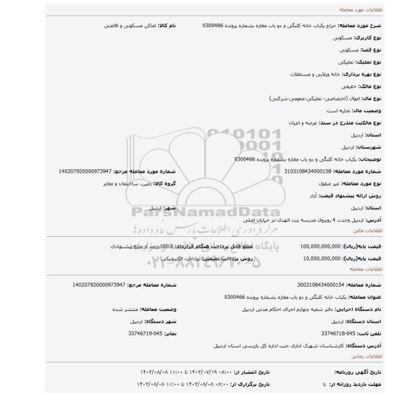 مزایده، یکباب خانه کلنگی و دو باب مغازه بشماره پرونده 0300466