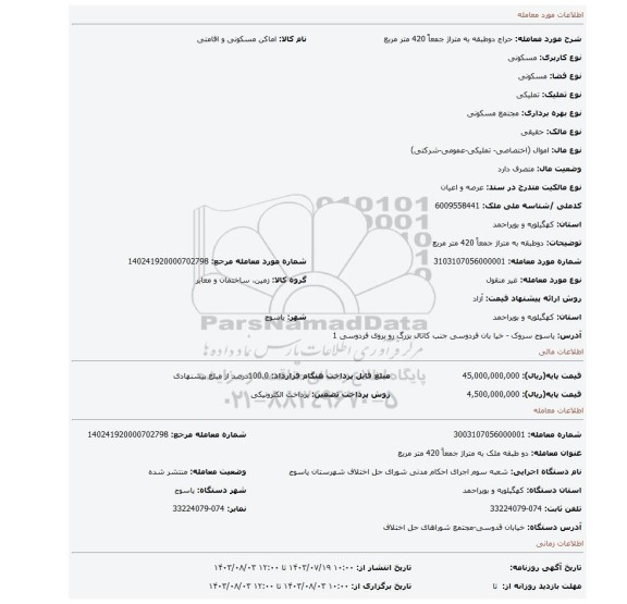 مزایده، دوطبقه به متراژ جمعاً 420 متر مربع