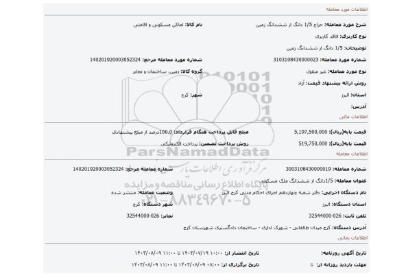 مزایده، 1/5 دانگ از ششدانگ زمین