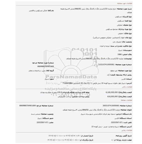 مزایده، مزایده 1/33صدم دانگ از 6دانگ پلاک ثبتی 1866/82بخش 4شیراز-طبقه همکف