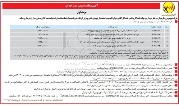 مناقصه عمومی خرید 200.000 متر کابل مسی فشار ضعیف 6 * 2 میلیمتر مربع با عایق و غلاف ...