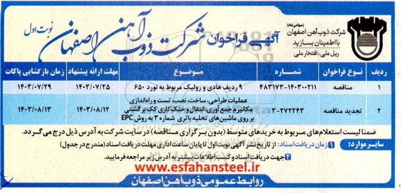 فراخوان مناقصه 9 ردیف هادی و رولیک مربوط به نورد 650 و ... 