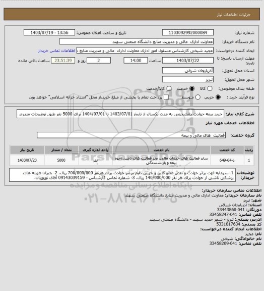 استعلام خرید بیمه حوادث دانشجویی به مدت یکسال از تاریخ 1403/07/01 تا 1404/07/01 برای 5000 نفر طبق توضیحات مندرج.