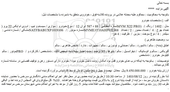مزایده فروش سواری / سیستم و تیپ : ام وی ام ایکس 22 پرو (MVM X22 PRO) / مدل : 1402 / رنگ : مشکی