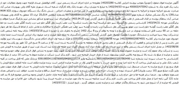مزایده یک دستگاه خودروی سواری MVM X33 مدل1391 به رنگ مشکی متالیک 