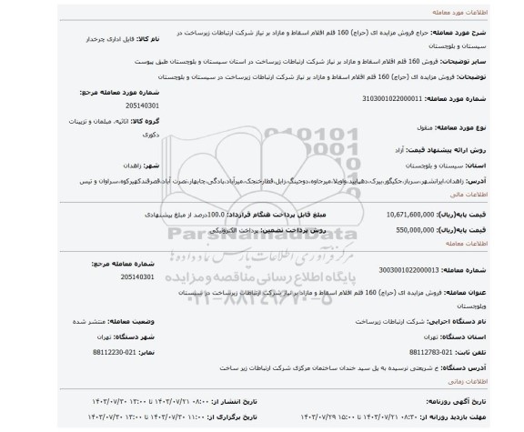 مزایده، فروش مزایده ای (حراج) 160 قلم اقلام اسقاط و مازاد بر نیاز شرکت ارتباطات زیرساخت در سیستان و بلوچستان