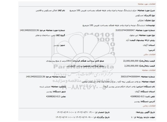 مزایده، ششدانگ عرصه و اعیان واحد طبقه همکف بمساحت تقریبی 100 مترمربع