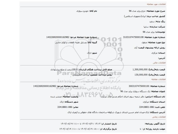 مزایده، پراید مدل 96