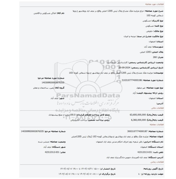 مزایده، مزایده ملک مشاع پلاک ثبتی 1205 اصلی واقع در نجف اباد ویلاشهر خ ویلا شمالی کوچه 103